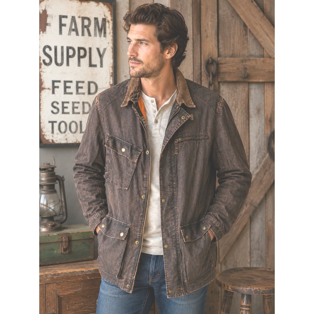 TreVero Brown Linen‎ Cotton Field Jacket Utility Barn Coat Distressed